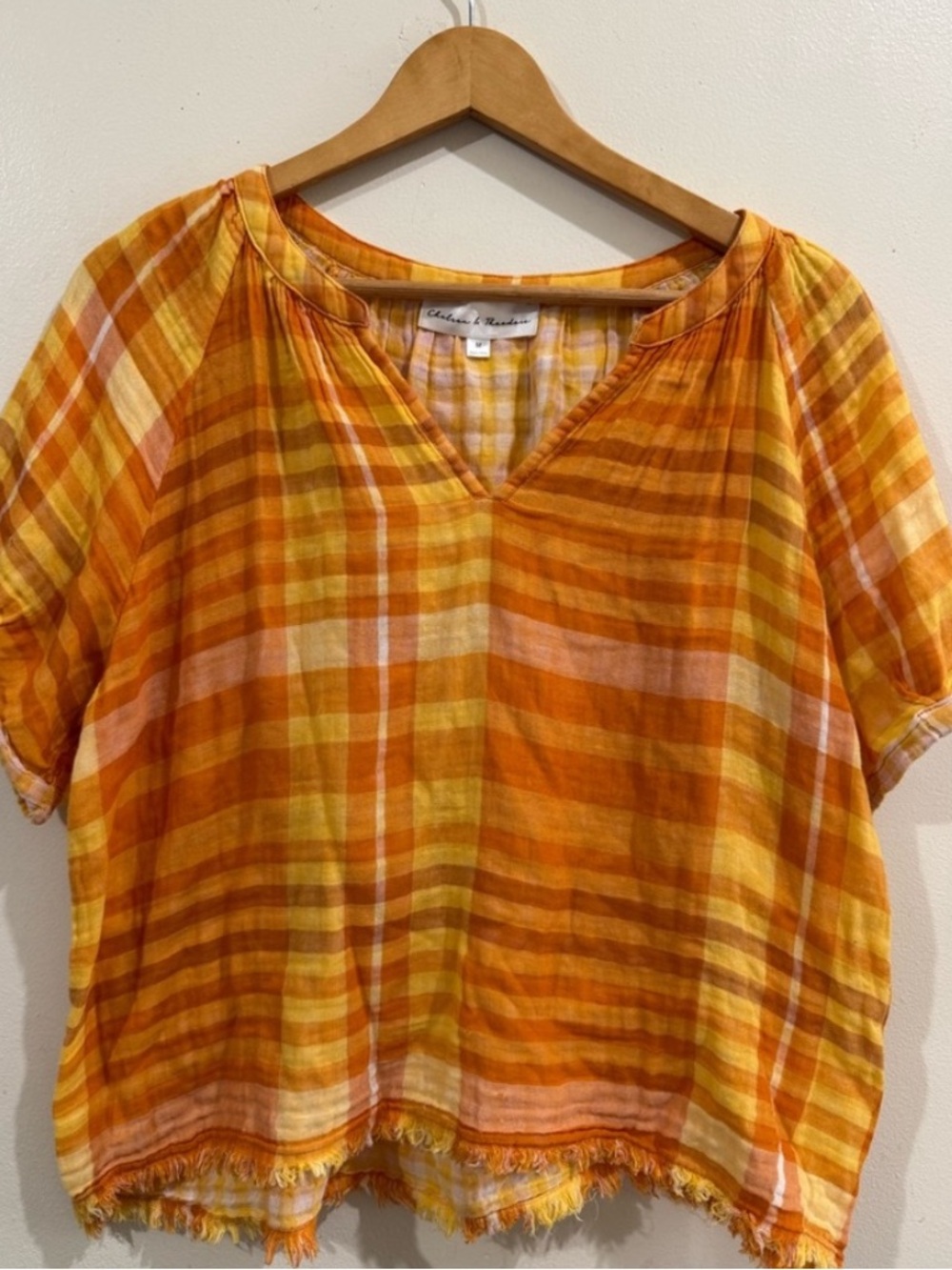 Chelsea & Theodore Orange and Yellow Plaid Short-Sleeve Blouse